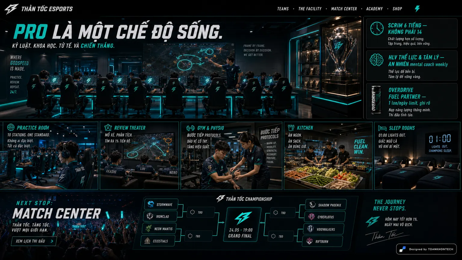 THẦN TỐC ESPORTS website concept artboard focused on facility