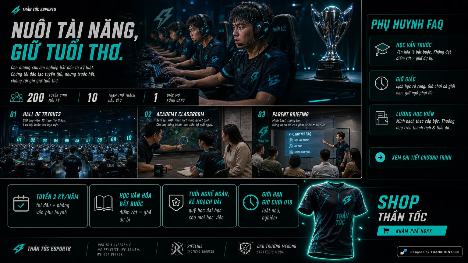 THẦN TỐC ESPORTS website concept artboard focused on academy