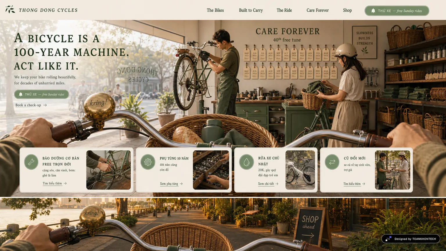 THONG DONG CYCLES website concept artboard focused on careforever