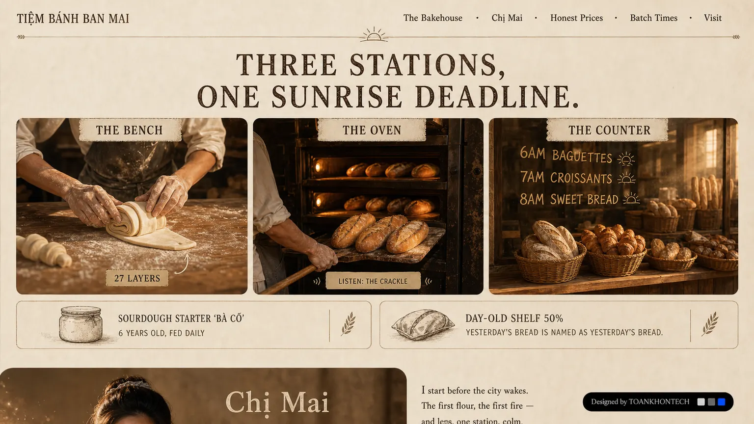 TIỆM BÁNH BAN MAI website concept artboard focused on visitor space