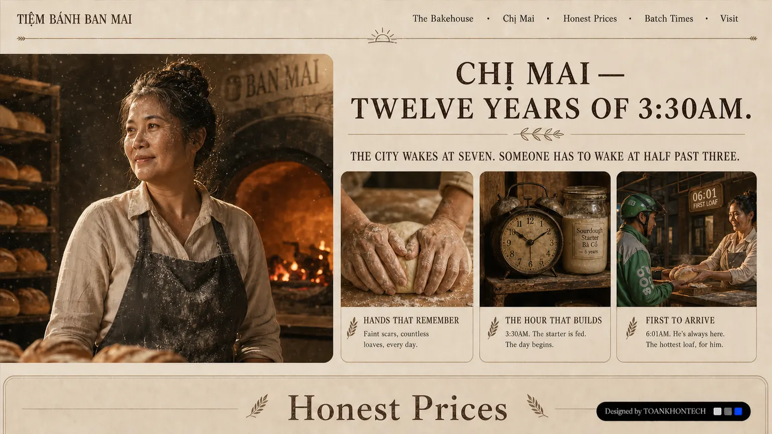 TIỆM BÁNH BAN MAI website concept artboard focused on story