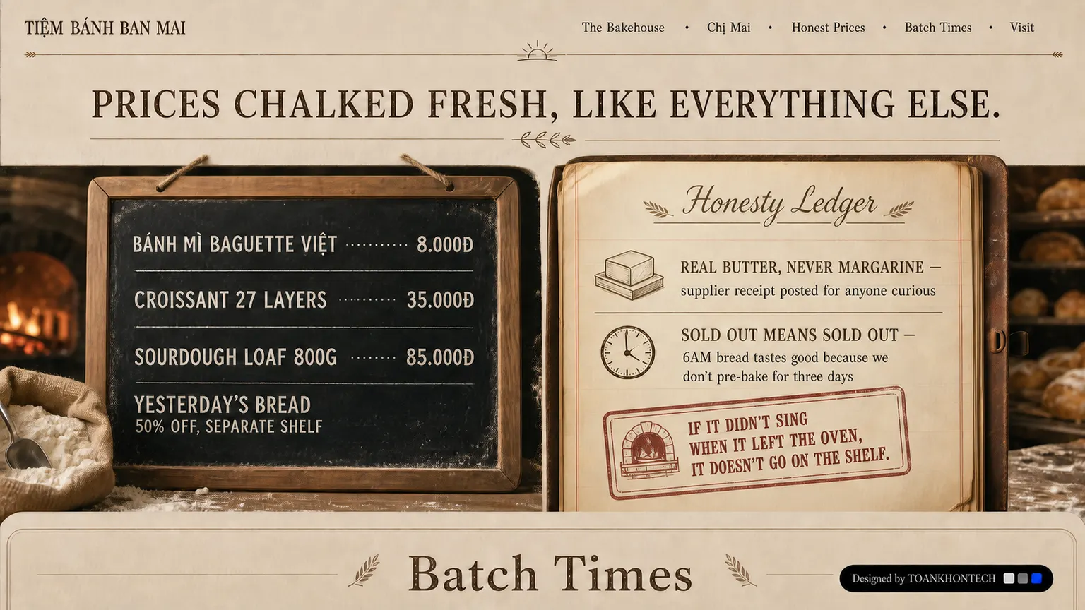TIỆM BÁNH BAN MAI website concept artboard focused on prices