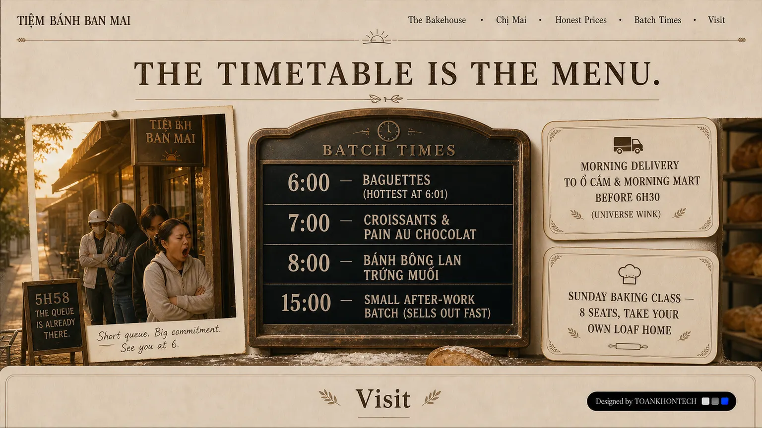 TIỆM BÁNH BAN MAI website concept artboard focused on experience