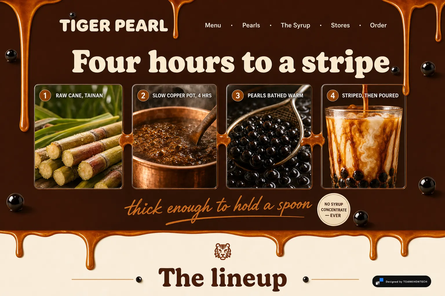 TIGER PEARL website concept artboard focused on syrup