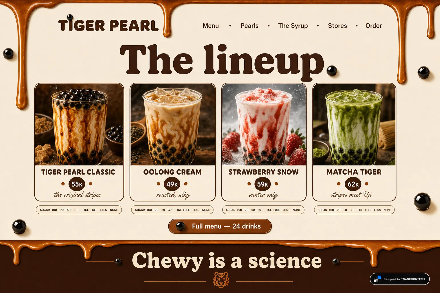 TIGER PEARL website concept artboard focused on menu