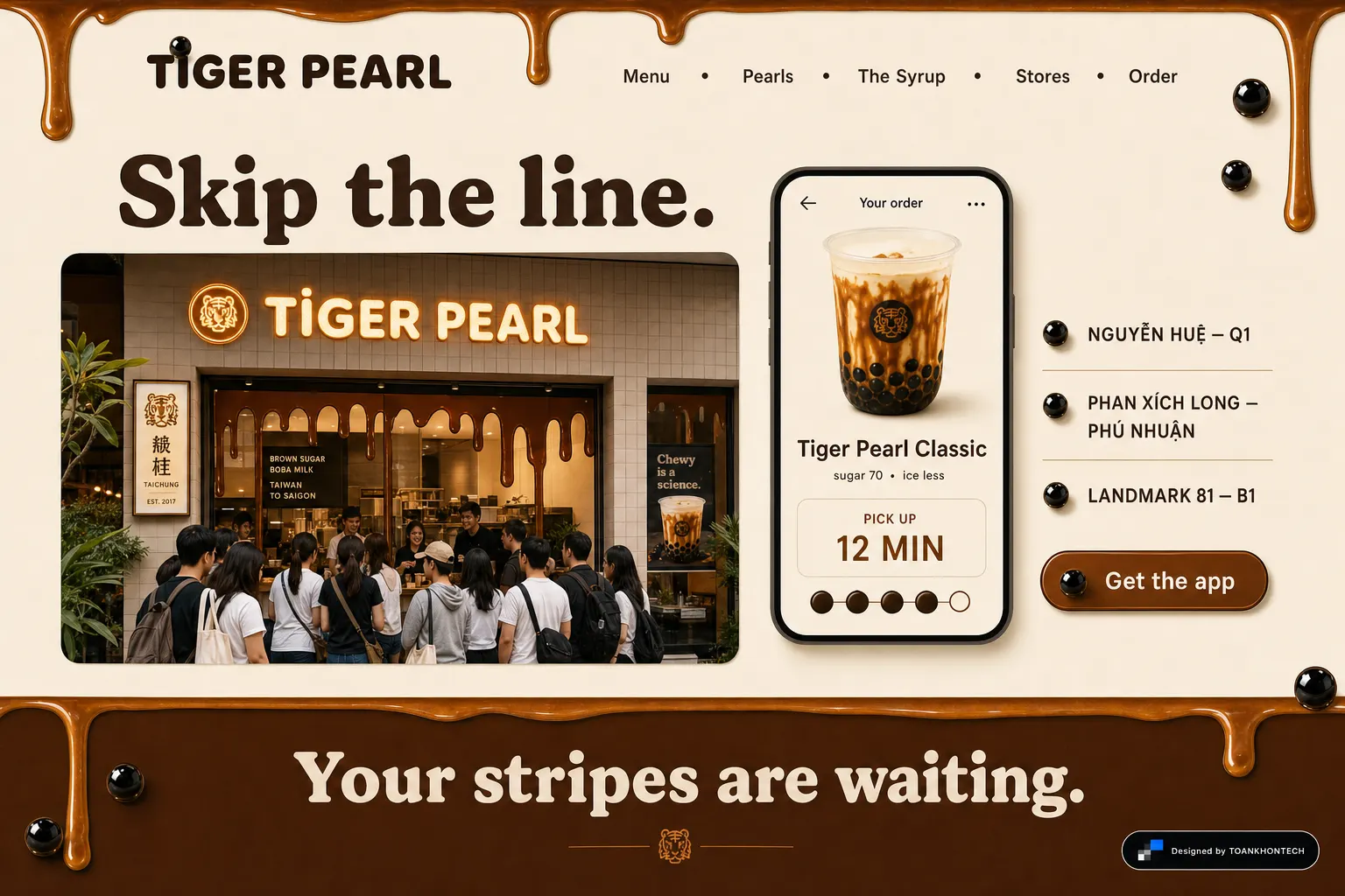TIGER PEARL website concept artboard focused on stores
