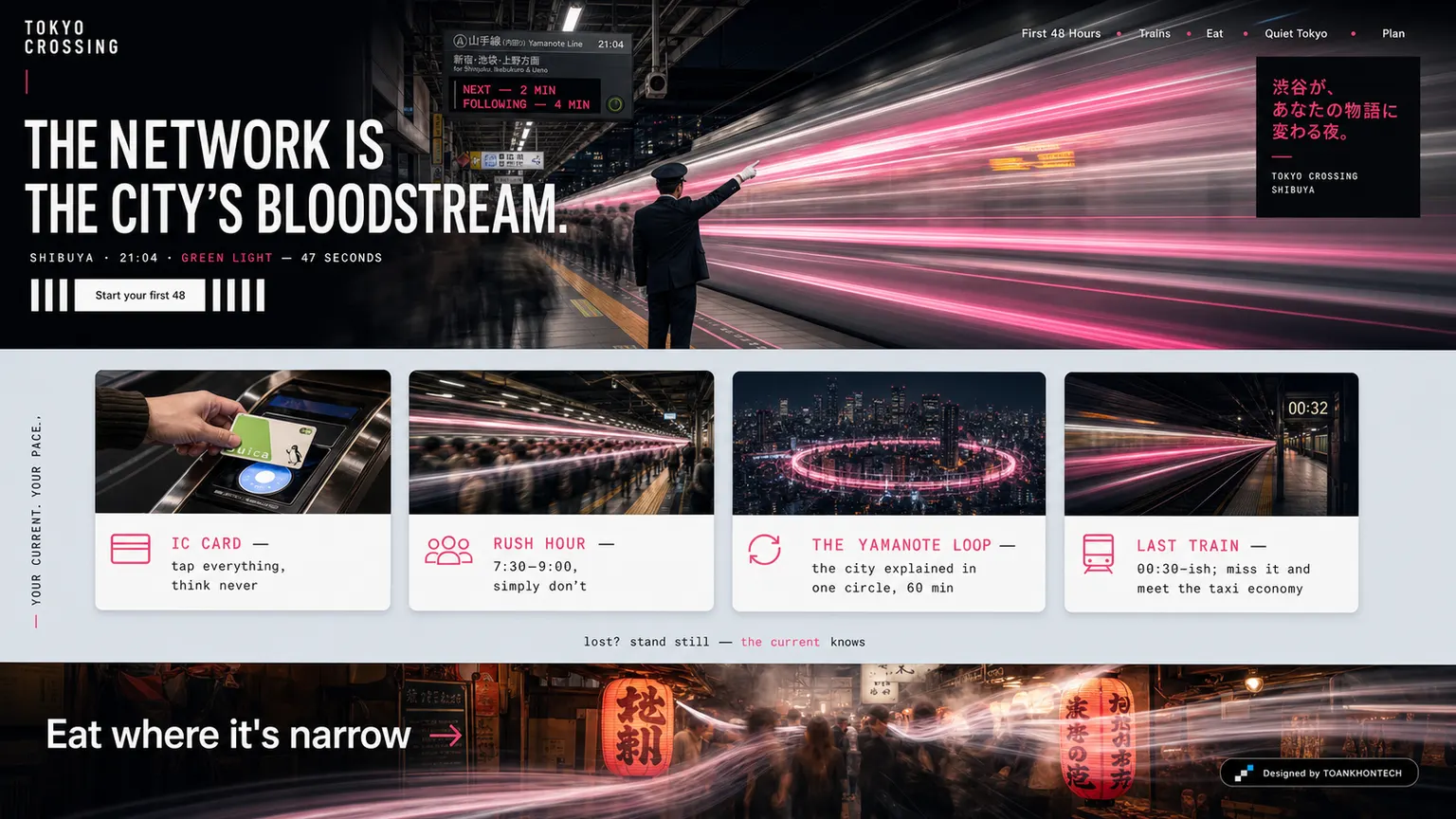 TOKYO CROSSING website concept artboard focused on trains