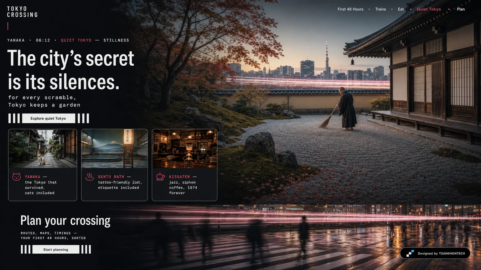 TOKYO CROSSING website concept artboard focused on quiet