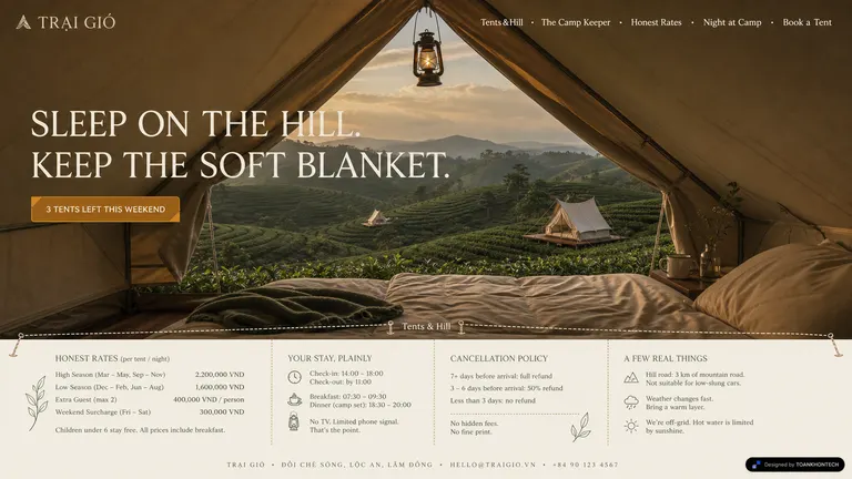 TRẠI GIÓ — Sleep on the hill. Keep the soft blanket.