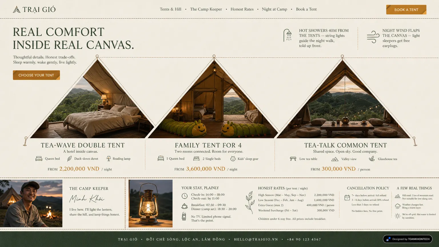TRẠI GIÓ website concept artboard focused on rooms and stays
