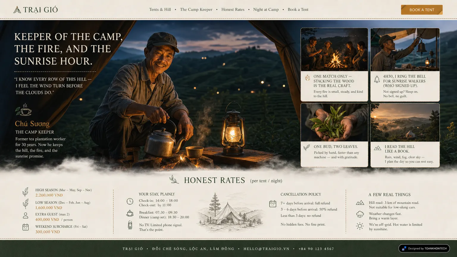 TRẠI GIÓ website concept artboard focused on hosting practice