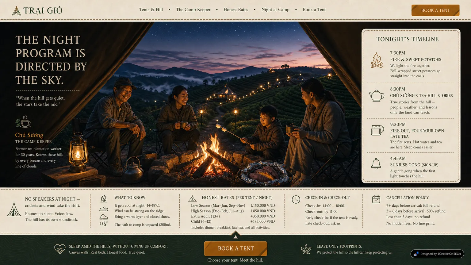 TRẠI GIÓ website concept artboard focused on local context