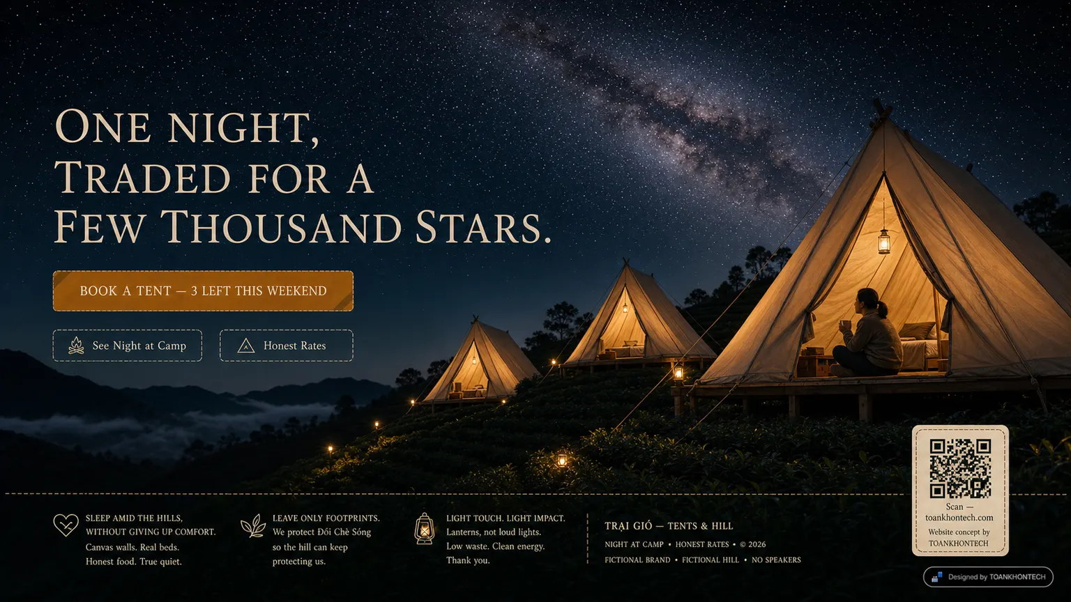 TRẠI GIÓ website concept artboard focused on closing invitation