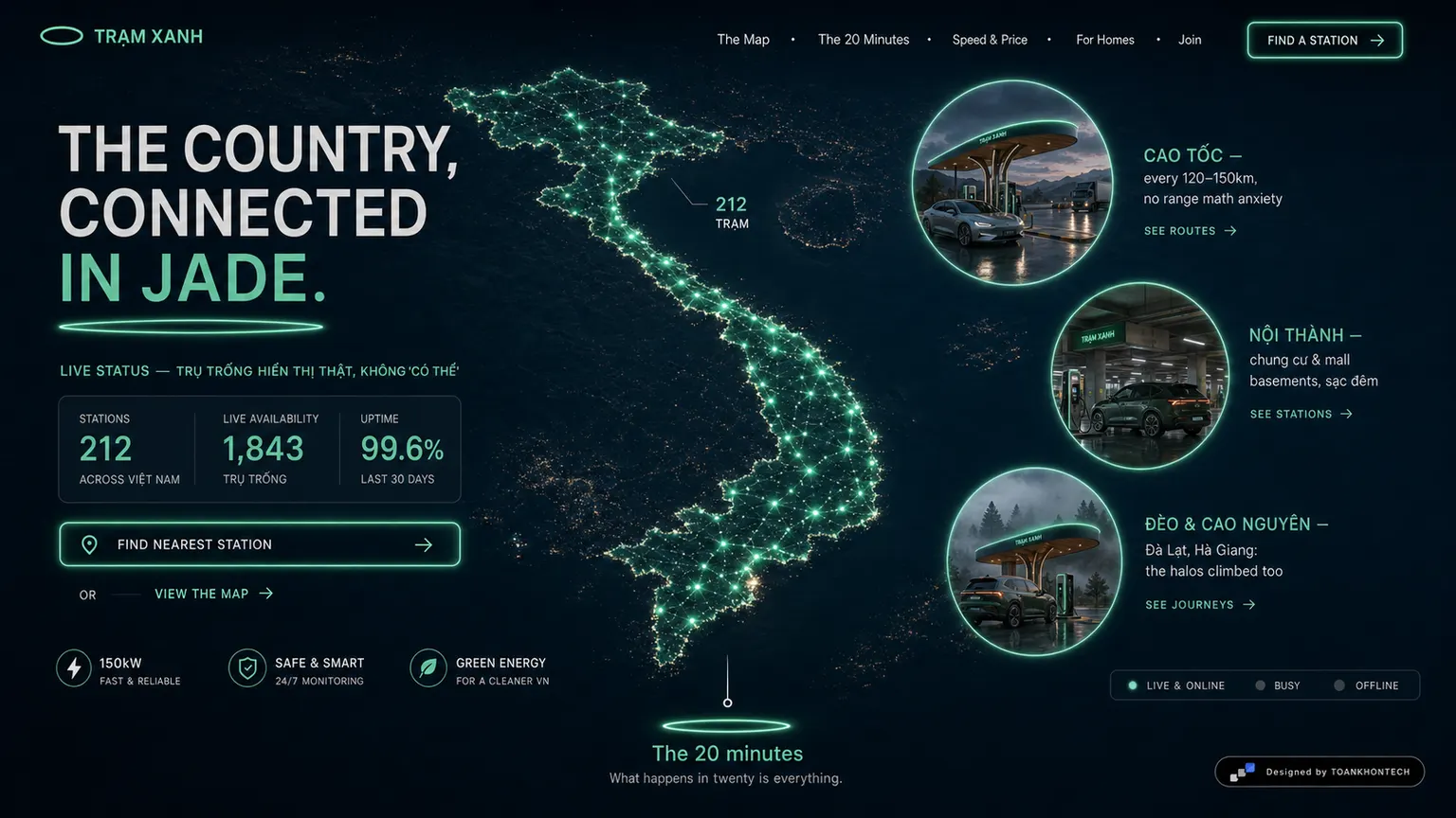 TRẠM XANH website concept artboard focused on themap