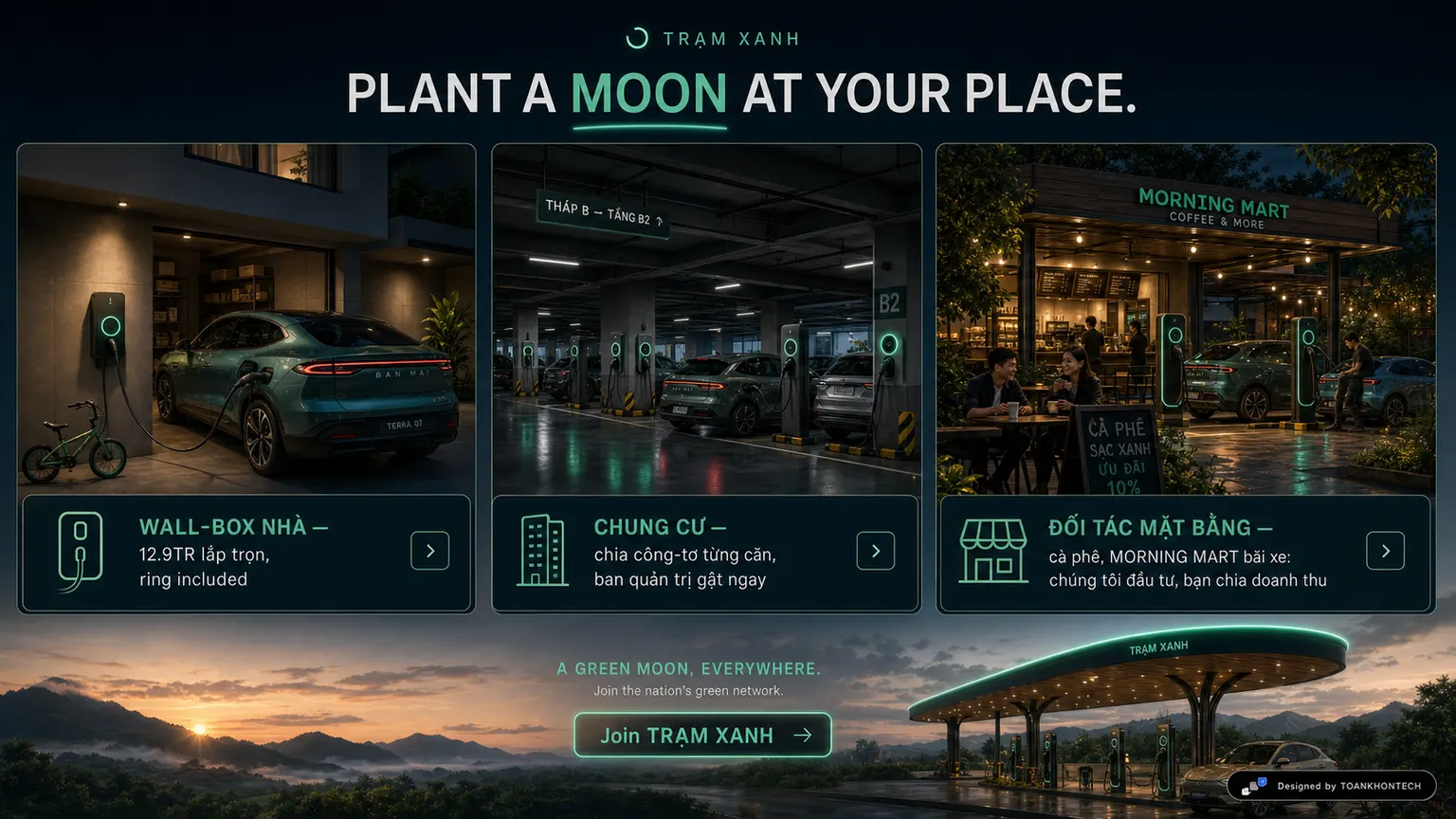 TRẠM XANH website concept artboard focused on forhomes