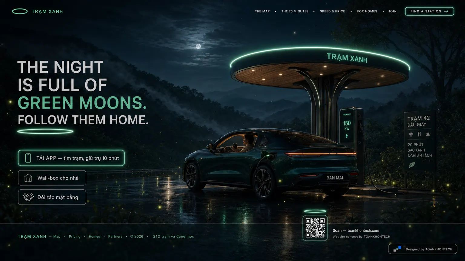 TRẠM XANH website concept artboard focused on closing invitation