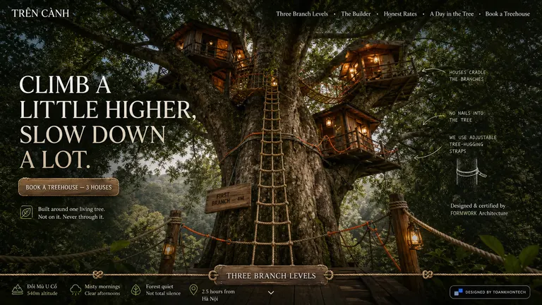 TRÊN CÀNH — Built around one living tree. Not on it. Never through it.