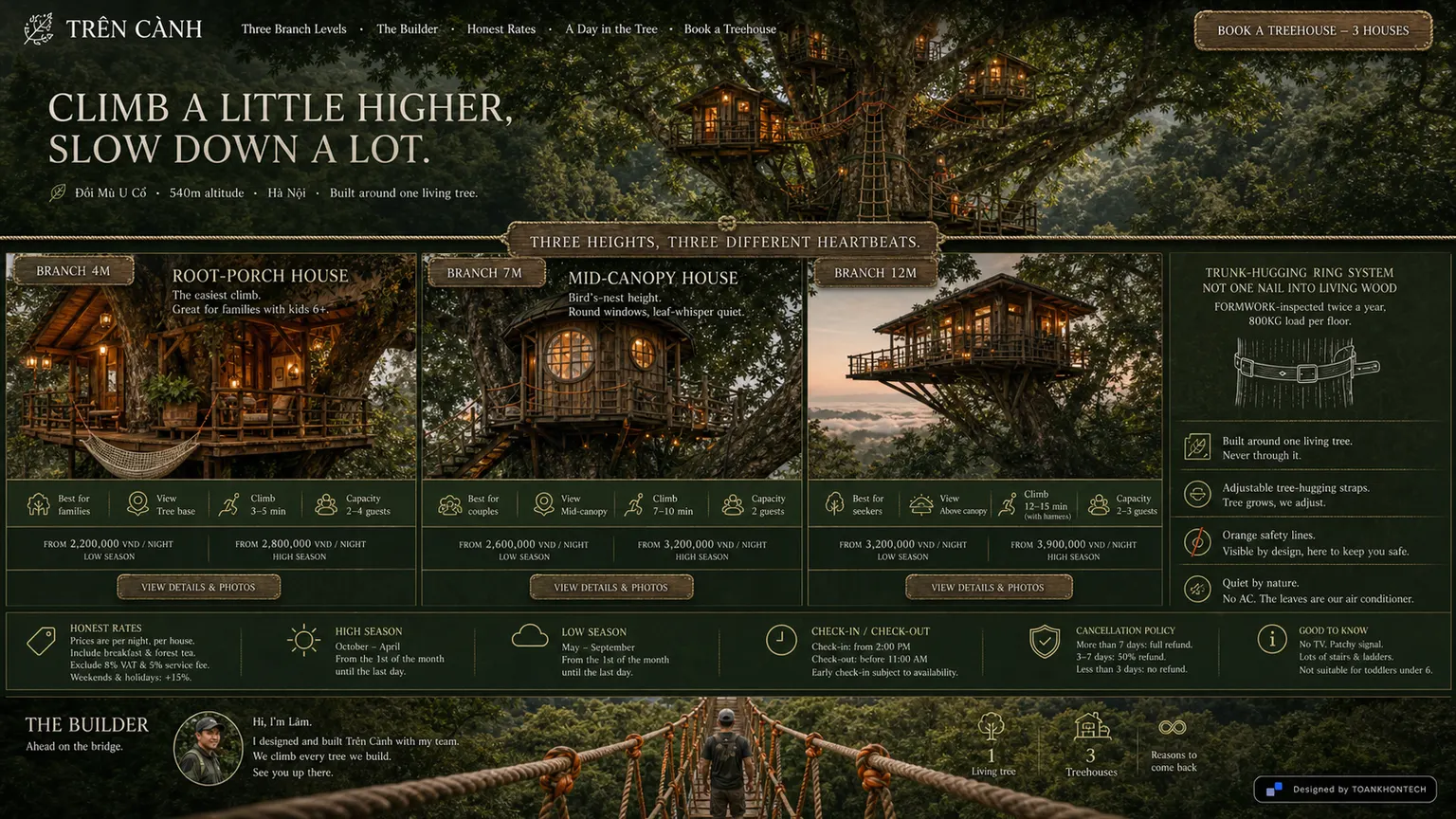 TRÊN CÀNH website concept artboard focused on rooms and stays