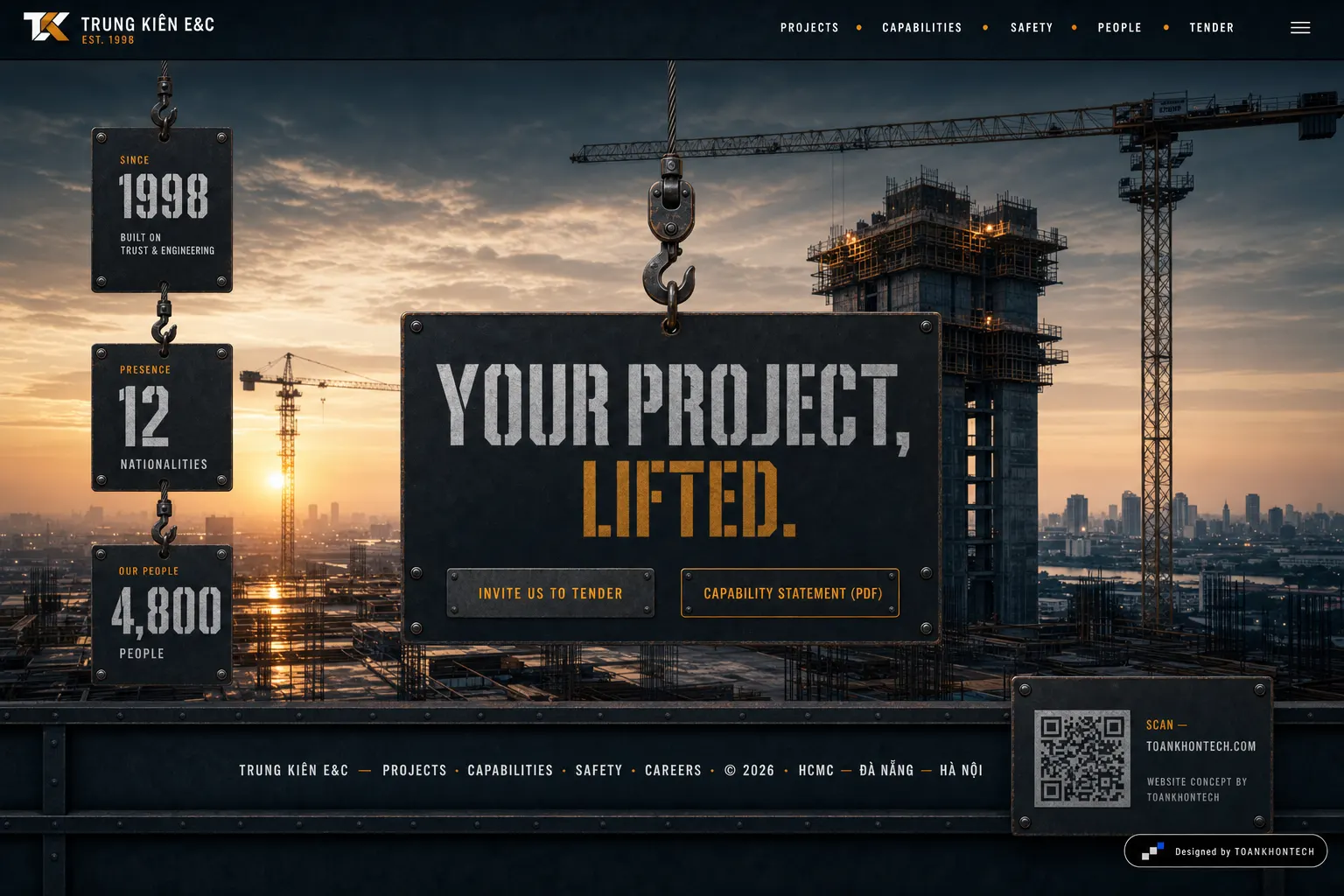 TRUNG KIÊN E&C website concept artboard focused on closing invitation