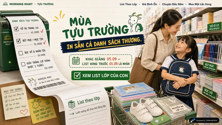 MORNING MART · TỰU TRƯỜNG — Mùa tựu trường — in sẵn cả danh sách thương.