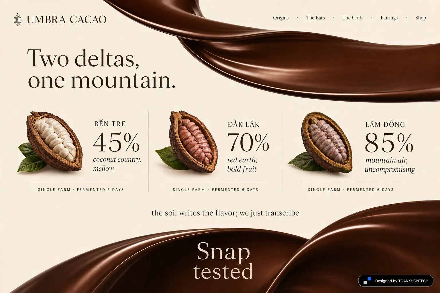 UMBRA CACAO website concept artboard focused on origins