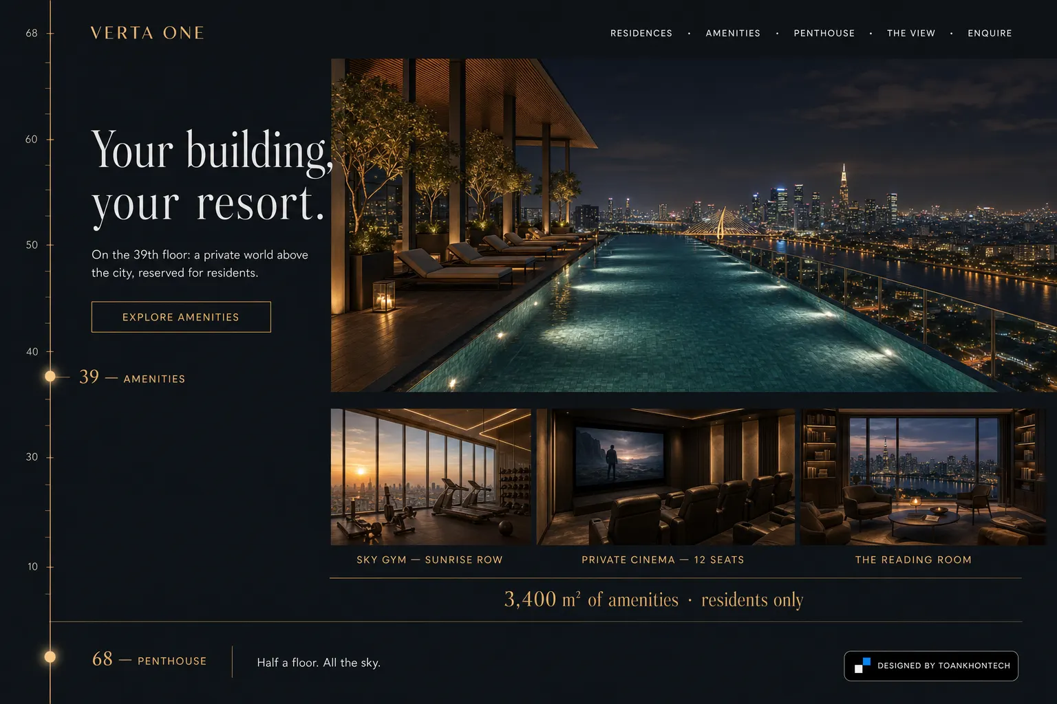 VERTA ONE website concept artboard focused on amenities