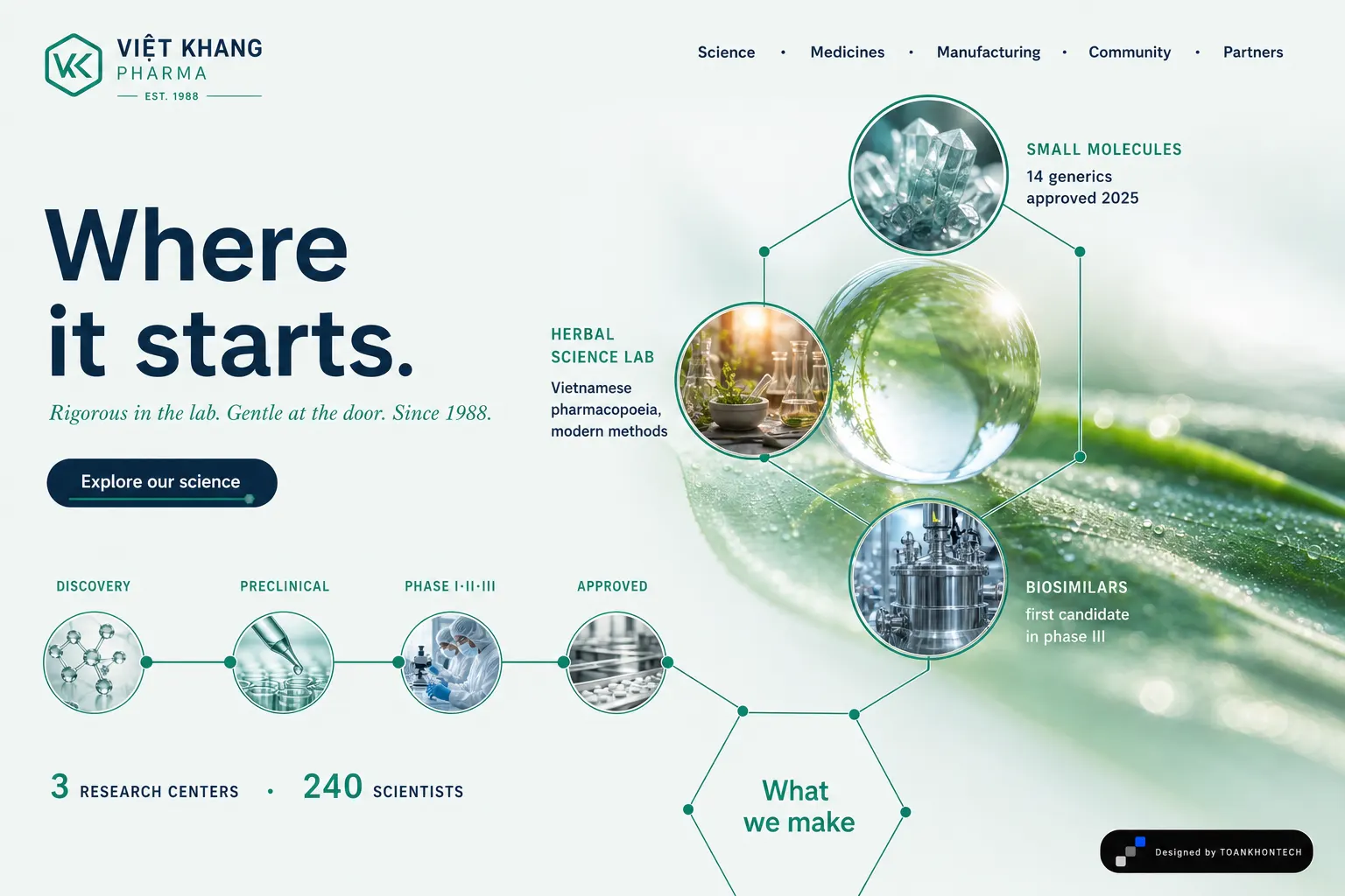 Việt Khang Pharma website concept artboard focused on science