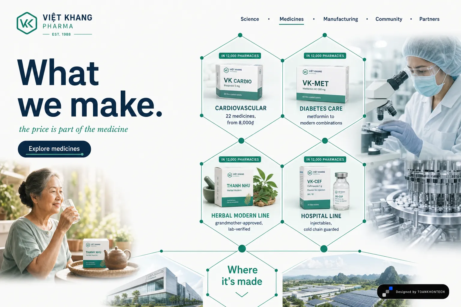 Việt Khang Pharma website concept artboard focused on medicines