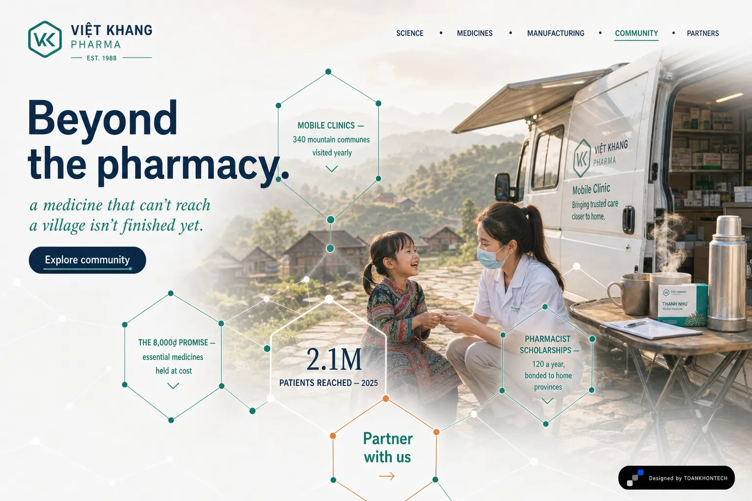 Việt Khang Pharma website concept artboard focused on community