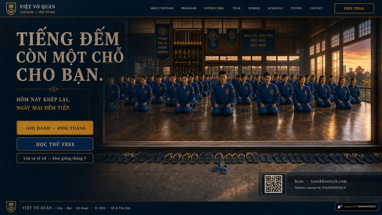 VIỆT VÕ QUÁN website concept artboard focused on closing invitation