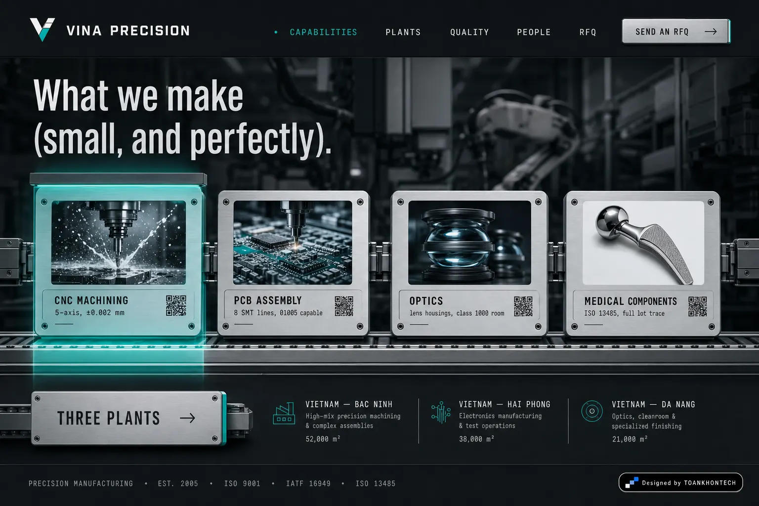 Vina Precision website concept artboard focused on capabilities