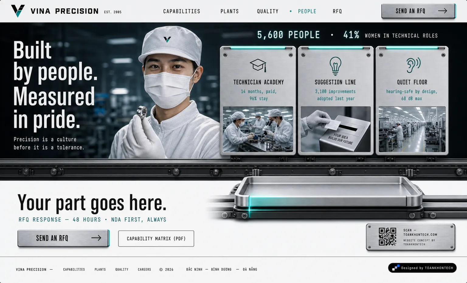 Vina Precision website concept artboard focused on closing invitation