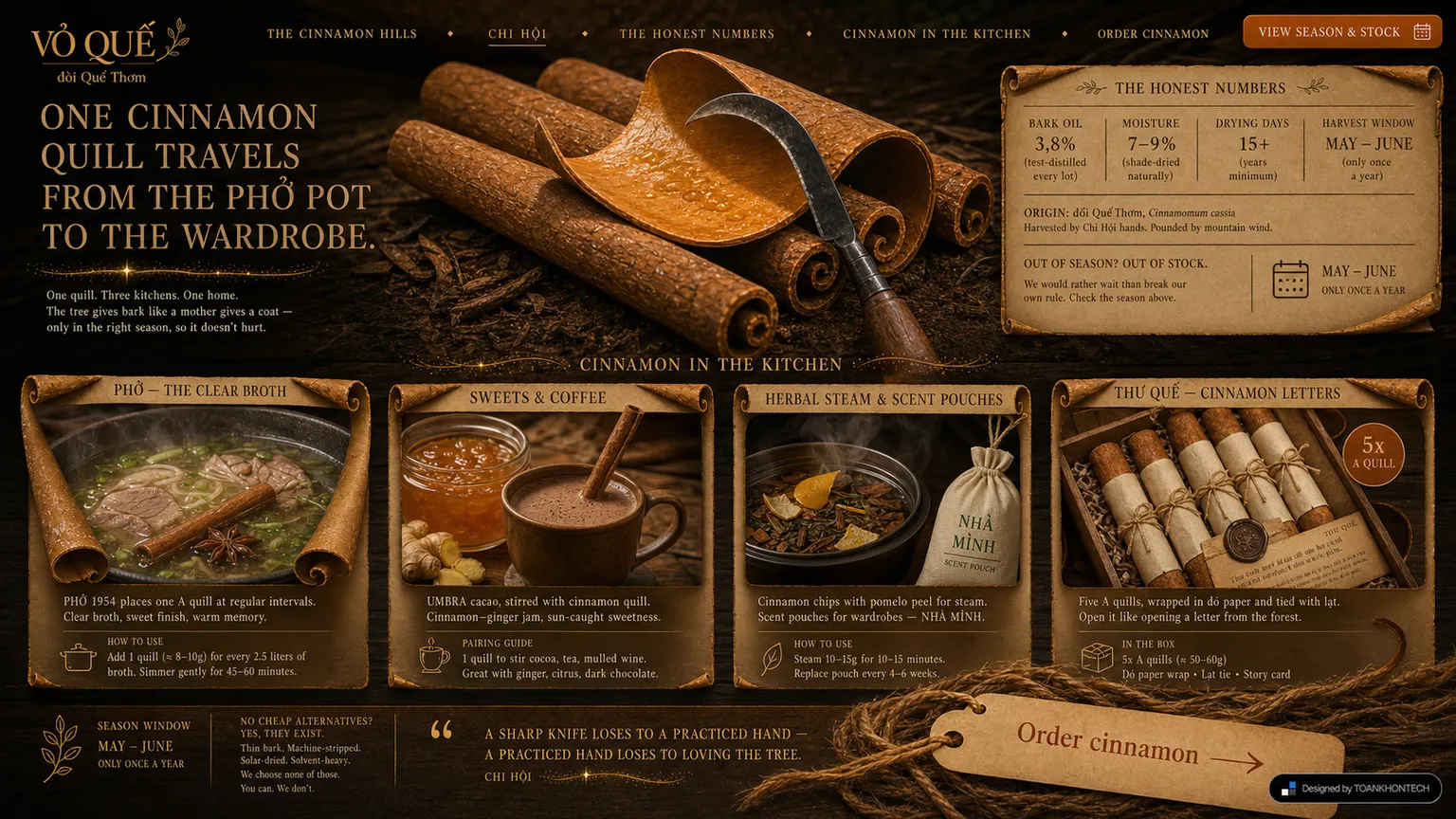 VỎ QUẾ website concept artboard focused on product choice