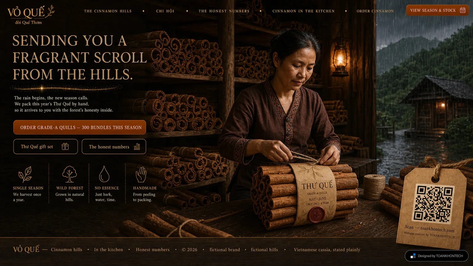 VỎ QUẾ website concept artboard focused on closing invitation