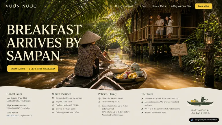 VƯỜN NƯỚC — Breakfast arrives by sampan.