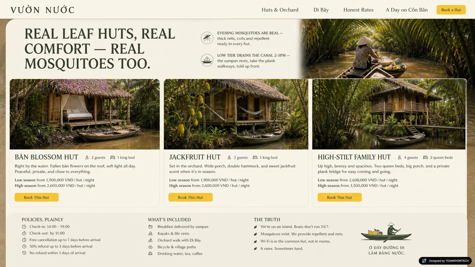 VƯỜN NƯỚC website concept artboard focused on rooms and stays
