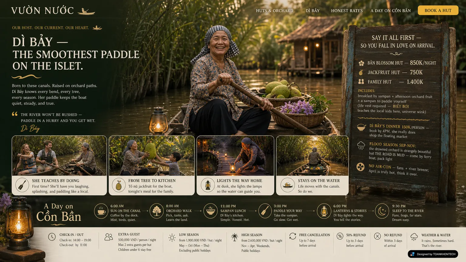 VƯỜN NƯỚC website concept artboard focused on rates and booking terms