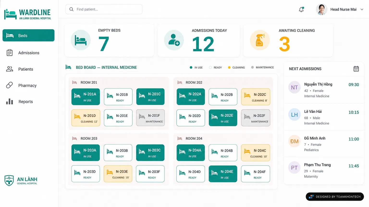 WARDLINE opening interface — a healthcare service website
