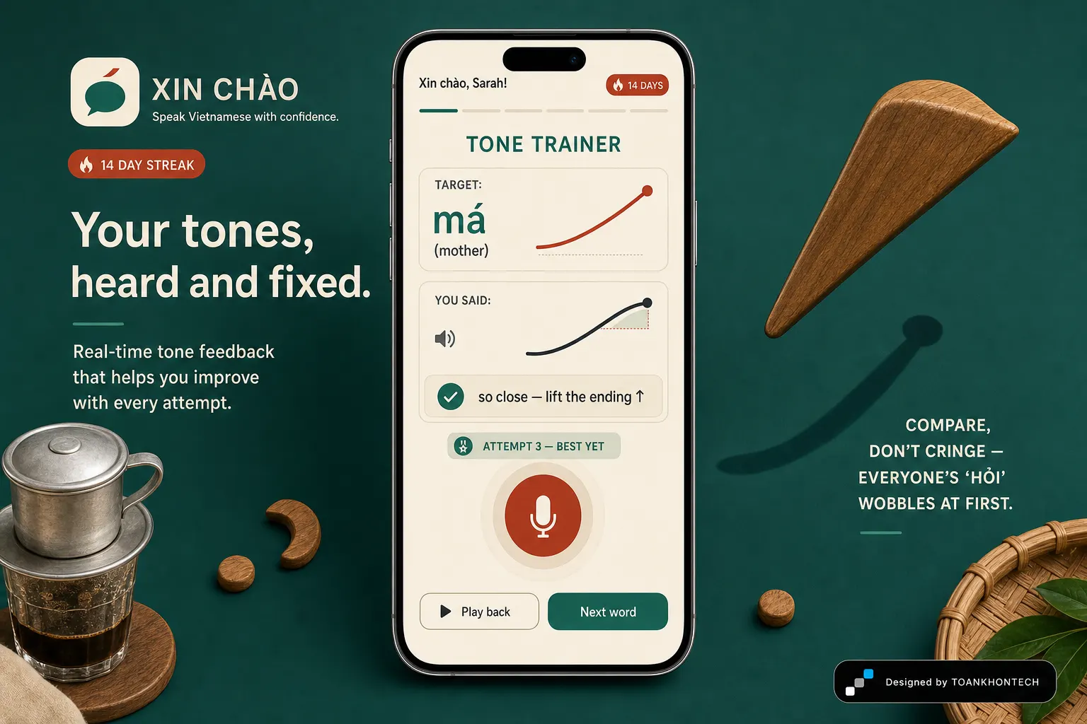 XIN CHÀO website concept artboard focused on tonetrainer