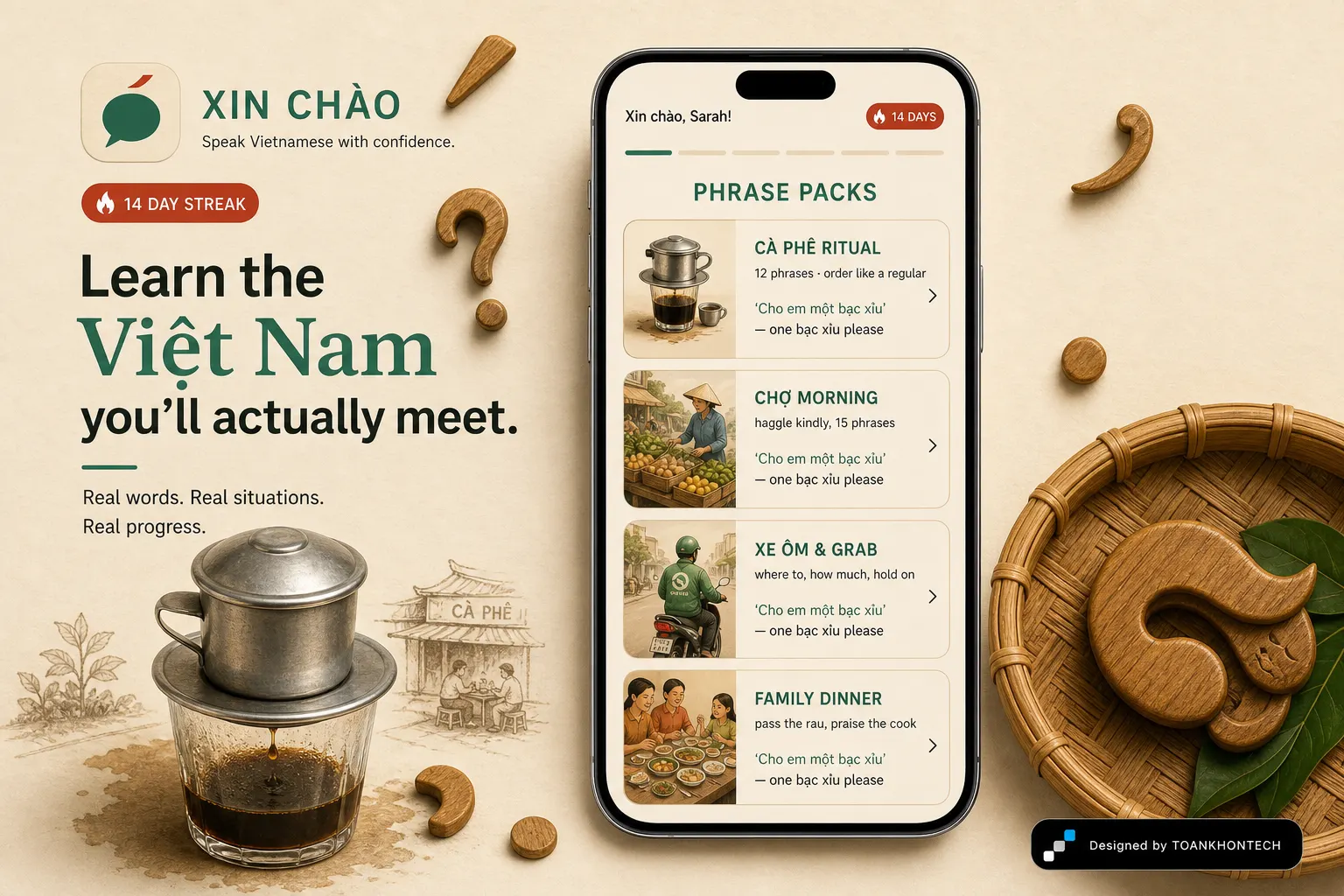 XIN CHÀO website concept artboard focused on packs