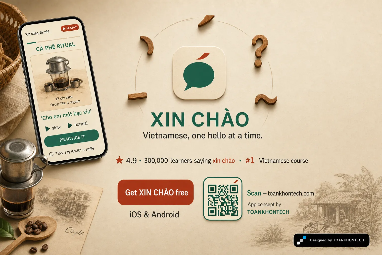 XIN CHÀO website concept artboard focused on download