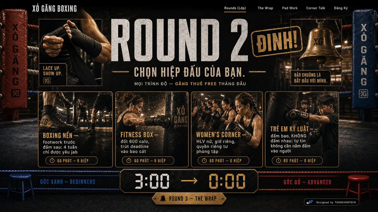 XỎ GĂNG BOXING website concept artboard focused on classes
