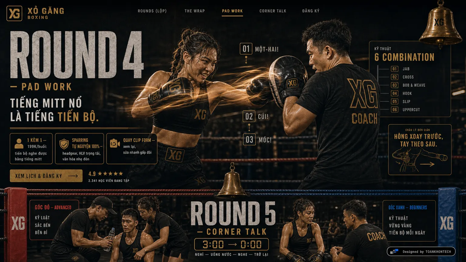 XỎ GĂNG BOXING website concept artboard focused on padwork