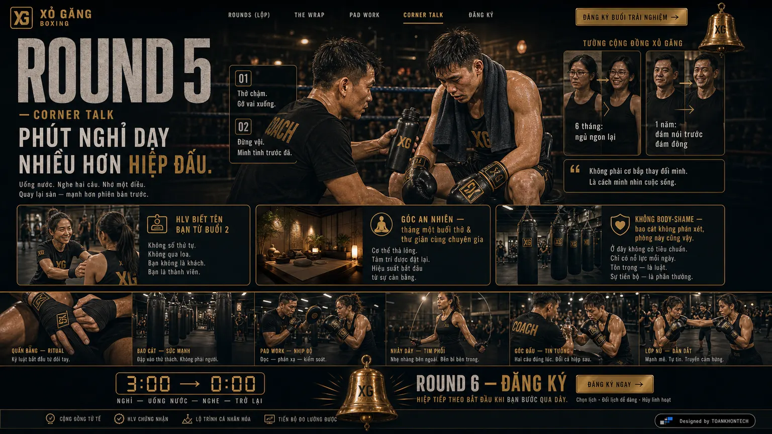 XỎ GĂNG BOXING website concept artboard focused on cornertalk