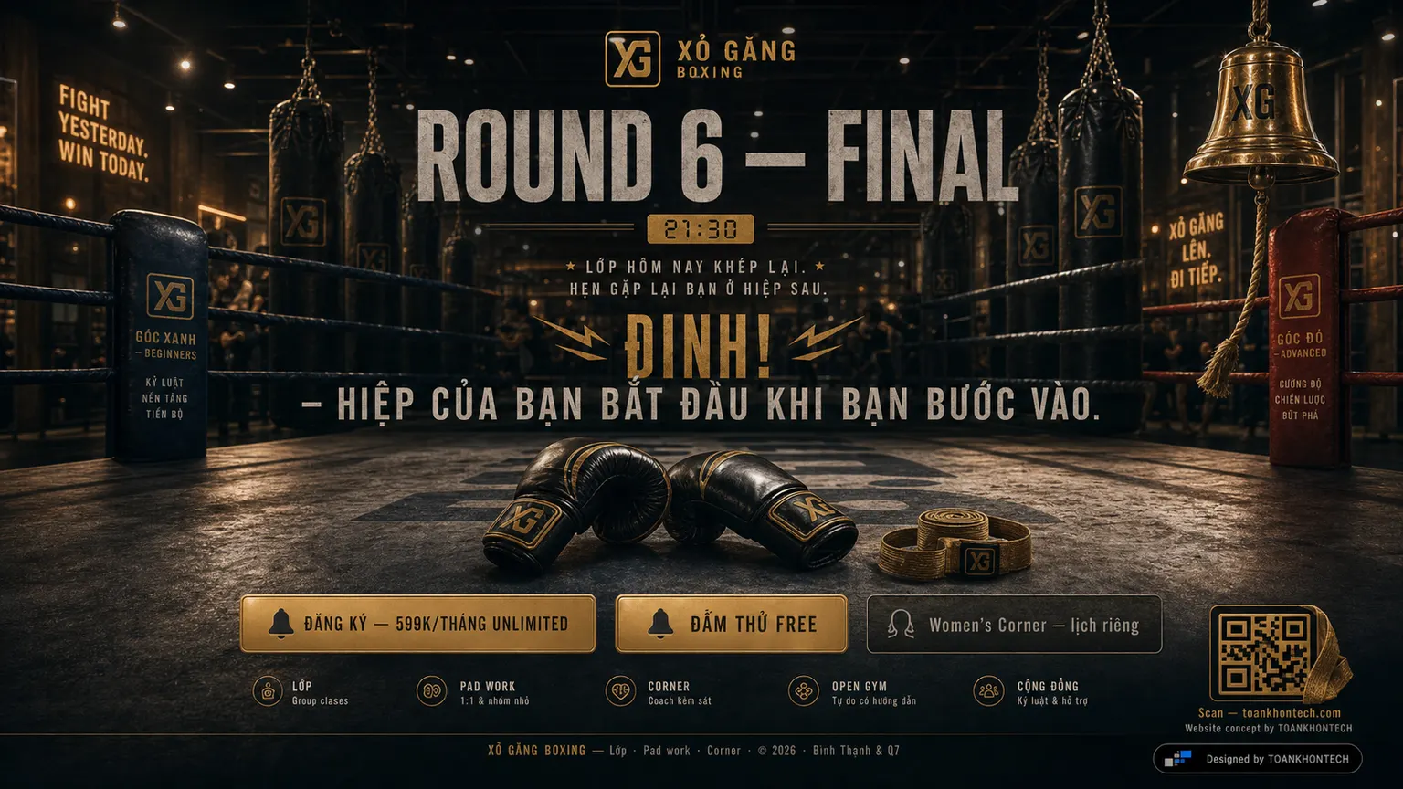 XỎ GĂNG BOXING website concept artboard focused on closing invitation