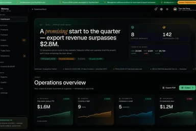 Mekong ERP — A food import & export ERP that runs the whole trade cycle — purchase and sales orders, FEFO inventory, customs documents, shipments and multi-currency finance — in one live operating view.