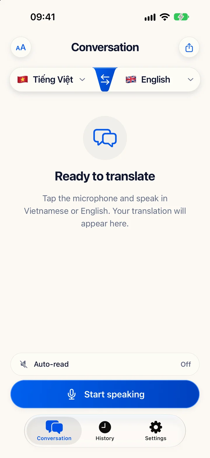 TranslateGo conversation interface in English